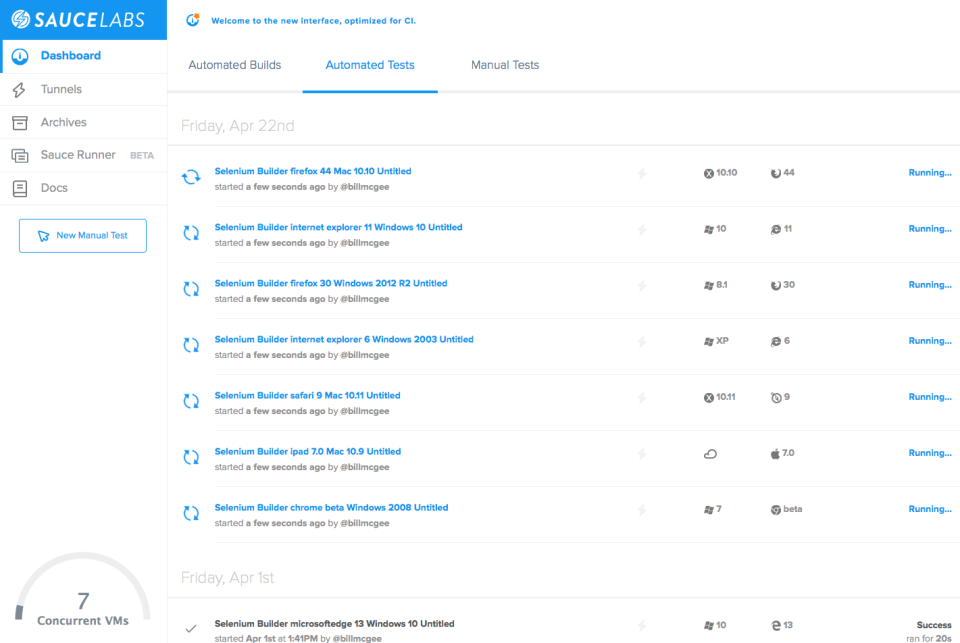 screenshot of Sauce Labs